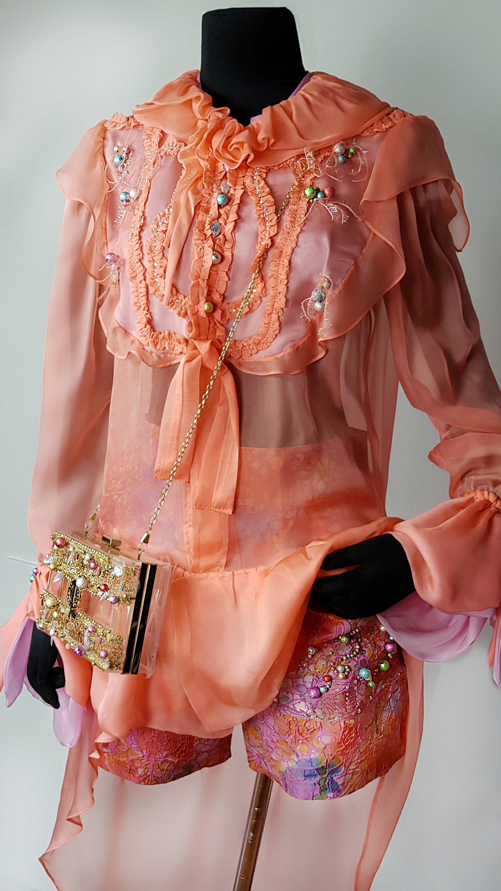 Title: "Coral Dream" Asymmetric Silk Chiffon Blouse
