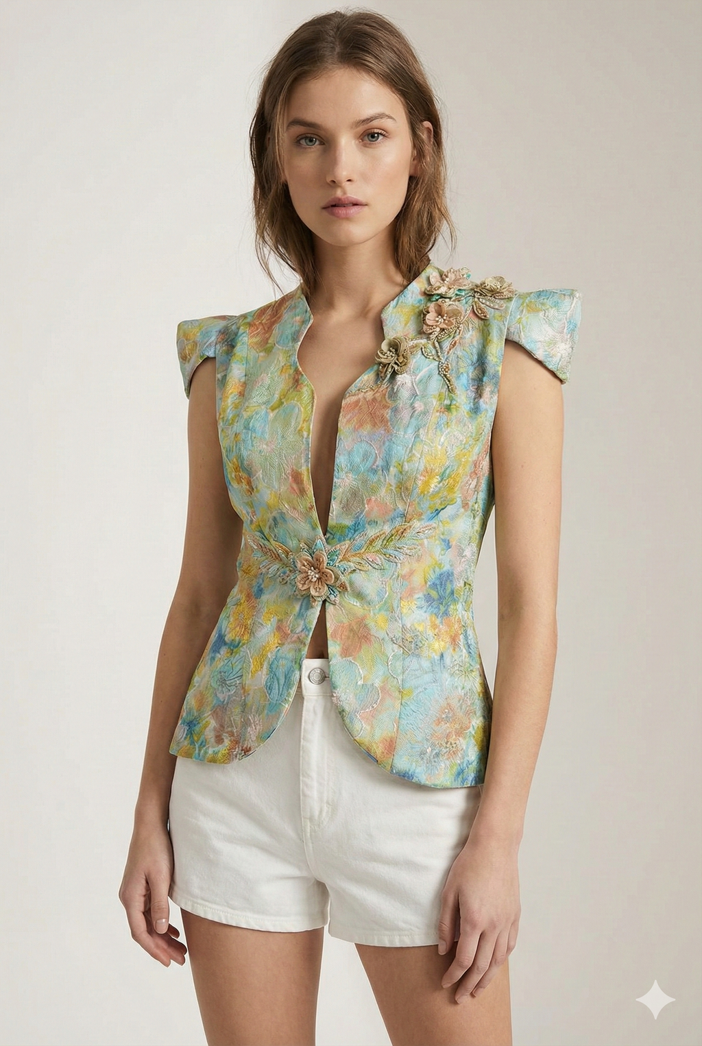 "Watercolor" Floral Brocade Waistcoat with Beaded 3D Appliqués