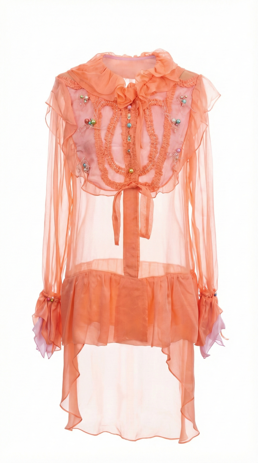 Title: "Coral Dream" Asymmetric Silk Chiffon Blouse