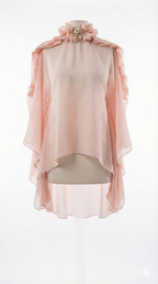 Ethereal Silk Chiffon Ruffle Blouse with Jeweled Brooch& asymetric skirt