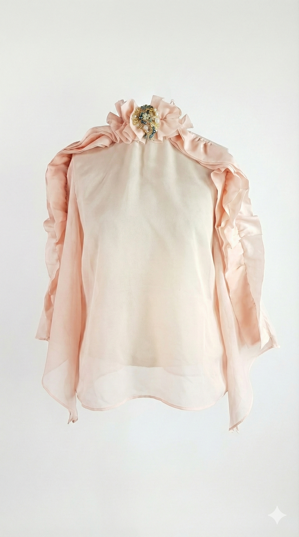 Ethereal Silk Chiffon Ruffle Blouse with Jeweled Brooch& asymetric skirt