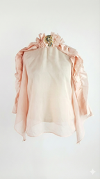 Ethereal Silk Chiffon Ruffle Blouse with Jeweled Brooch& asymetric skirt