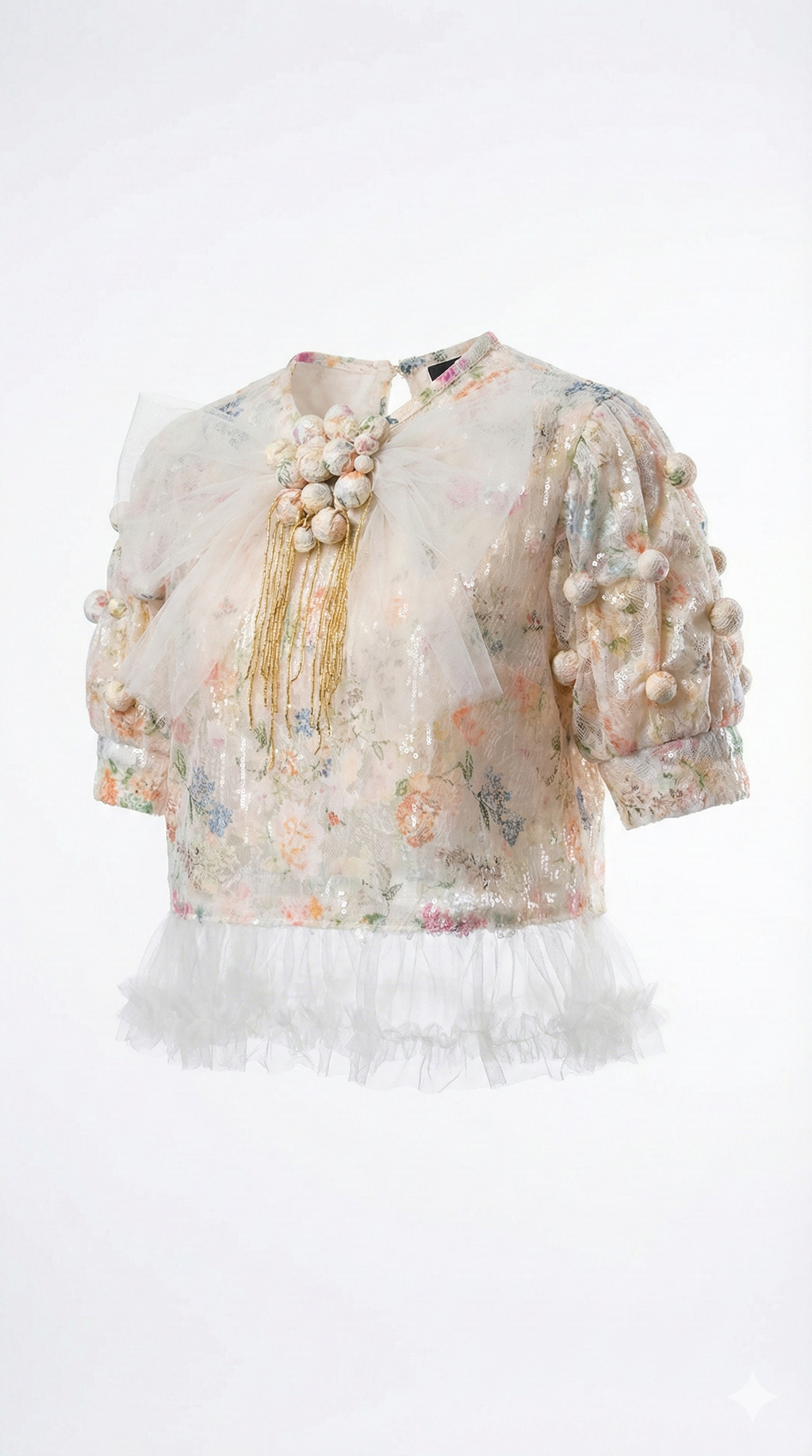 "Dream Garden" Blouse: Embroidered Tulle with Maxi Bow & 3D Accents