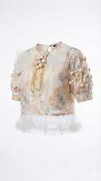 "Dream Garden" Blouse: Embroidered Tulle with Maxi Bow & 3D Accents