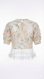 "Dream Garden" Blouse: Embroidered Tulle with Maxi Bow & 3D Accents