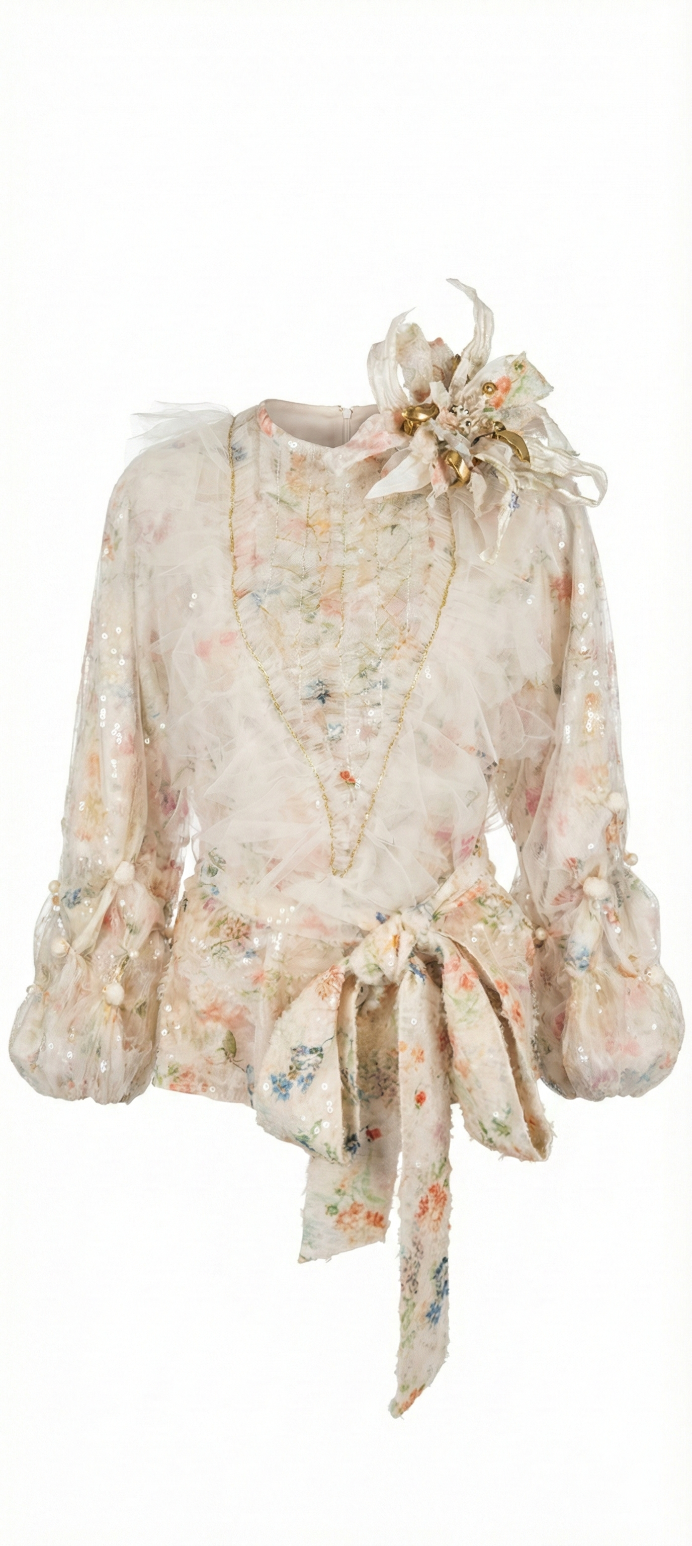 "Ethereal Garden" Sequin Floral Blouse with Tulle Appliqués