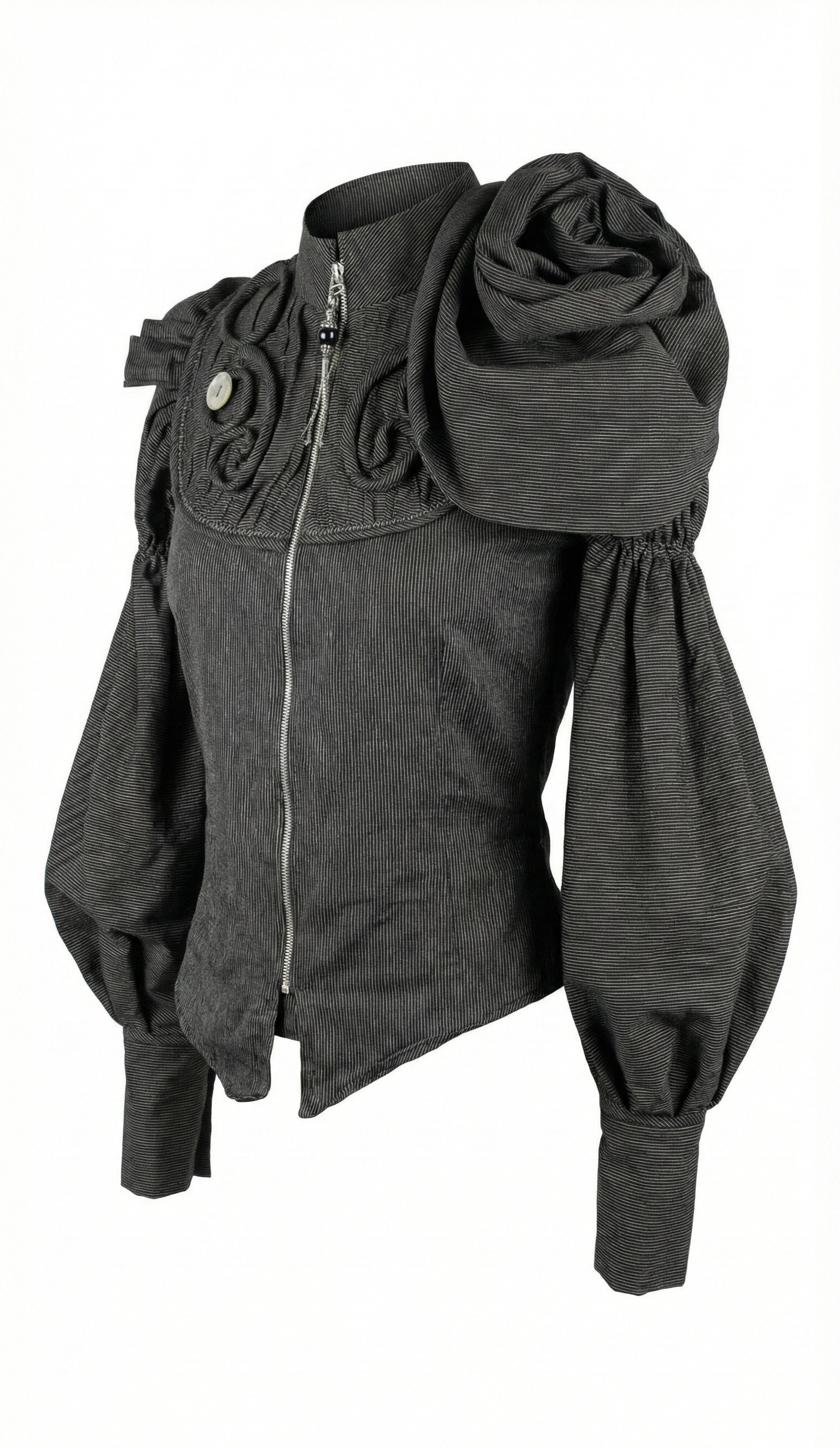 Dark gray jacket with ruffled sleeves on a white background