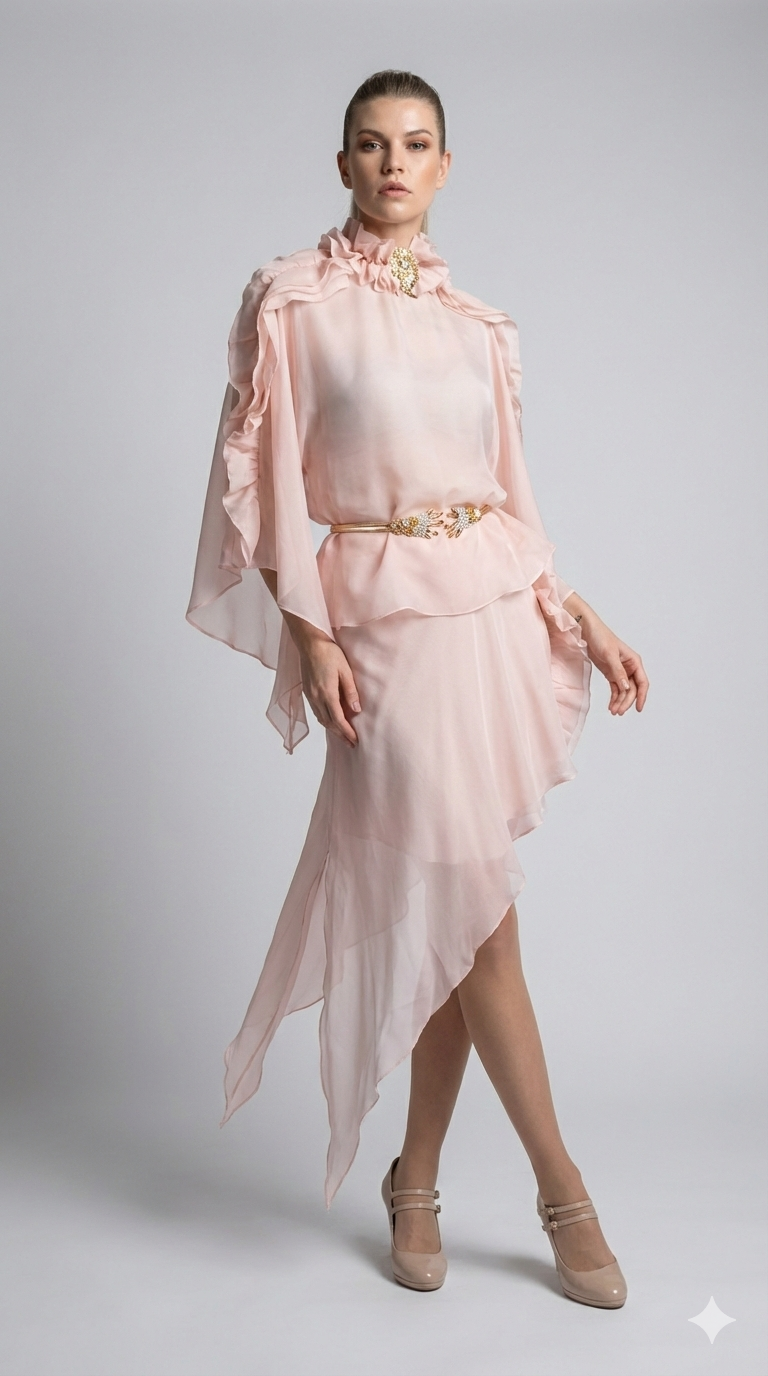 Ethereal Silk Chiffon Ruffle Blouse with Jeweled Brooch& asymetric skirt