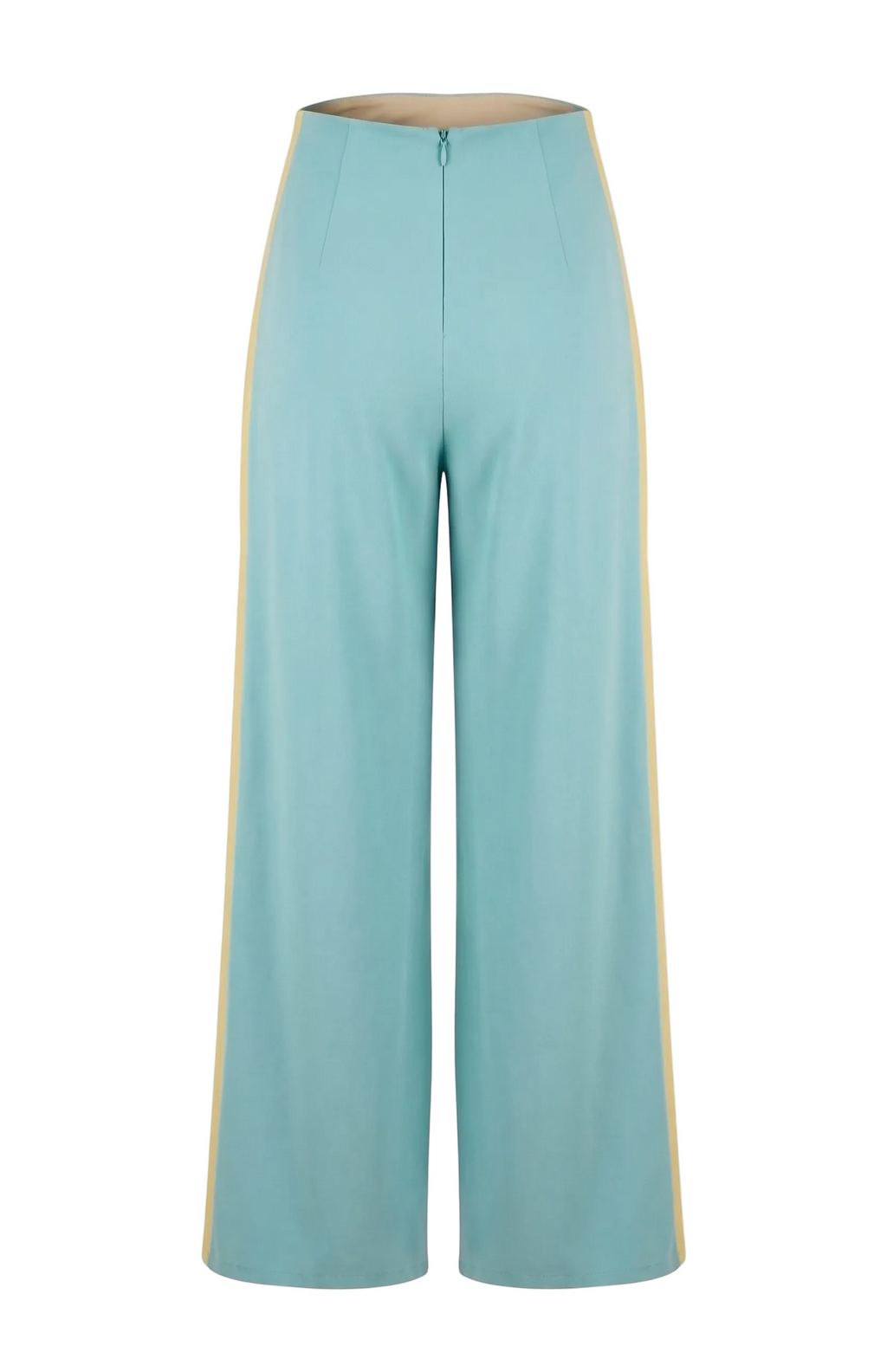 Light blue pants with yellow trim on a white background