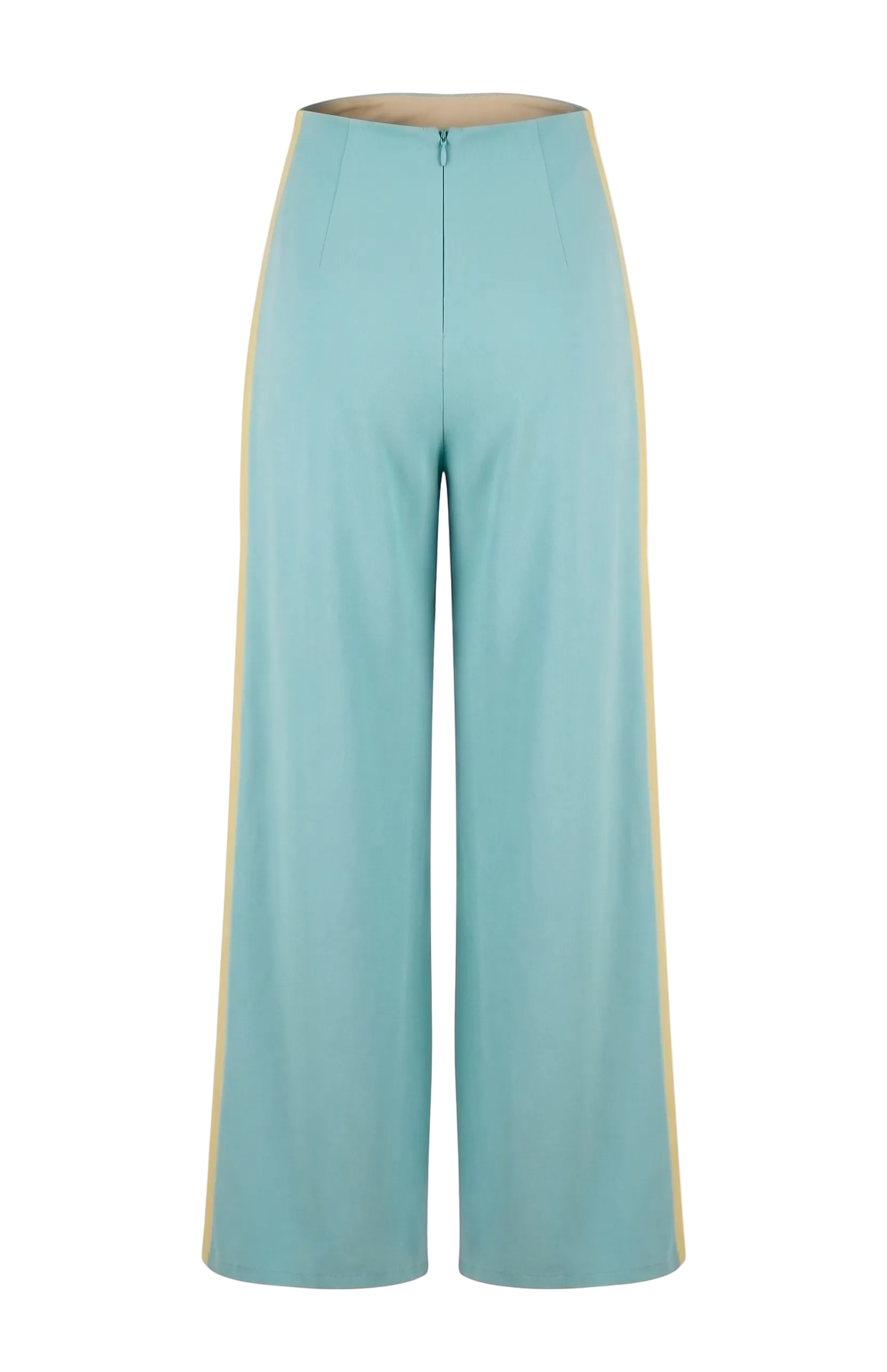 Light blue pants with yellow trim on a white background