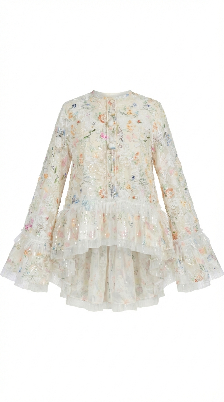 "Jardín Etéreo"  blusa floreada  con  Tul Bordado y Lentejuelas – Edición Limitada