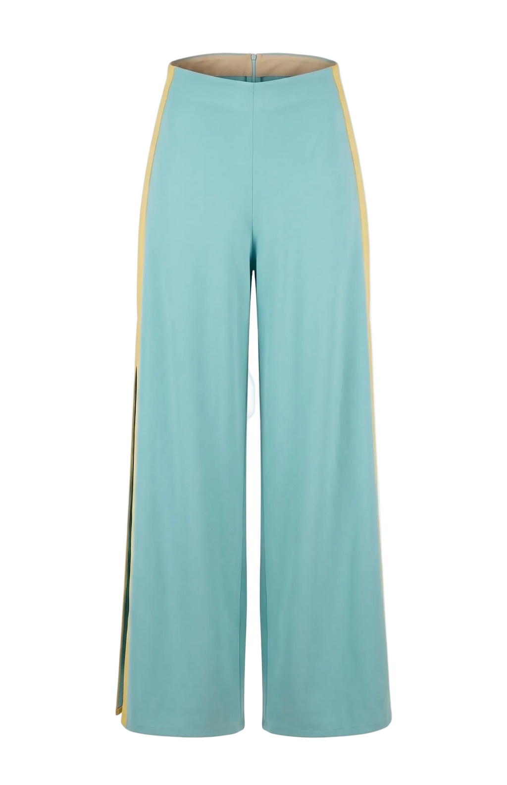 Light blue pants with yellow trim on a beige background