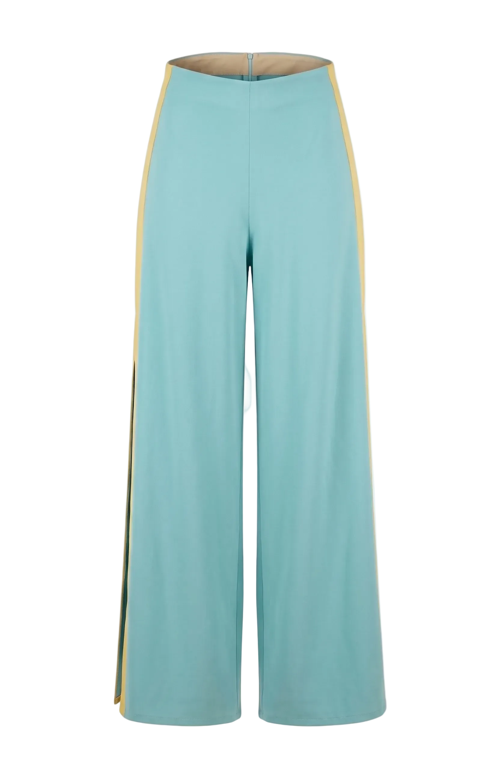 Light blue pants with yellow trim on a beige background