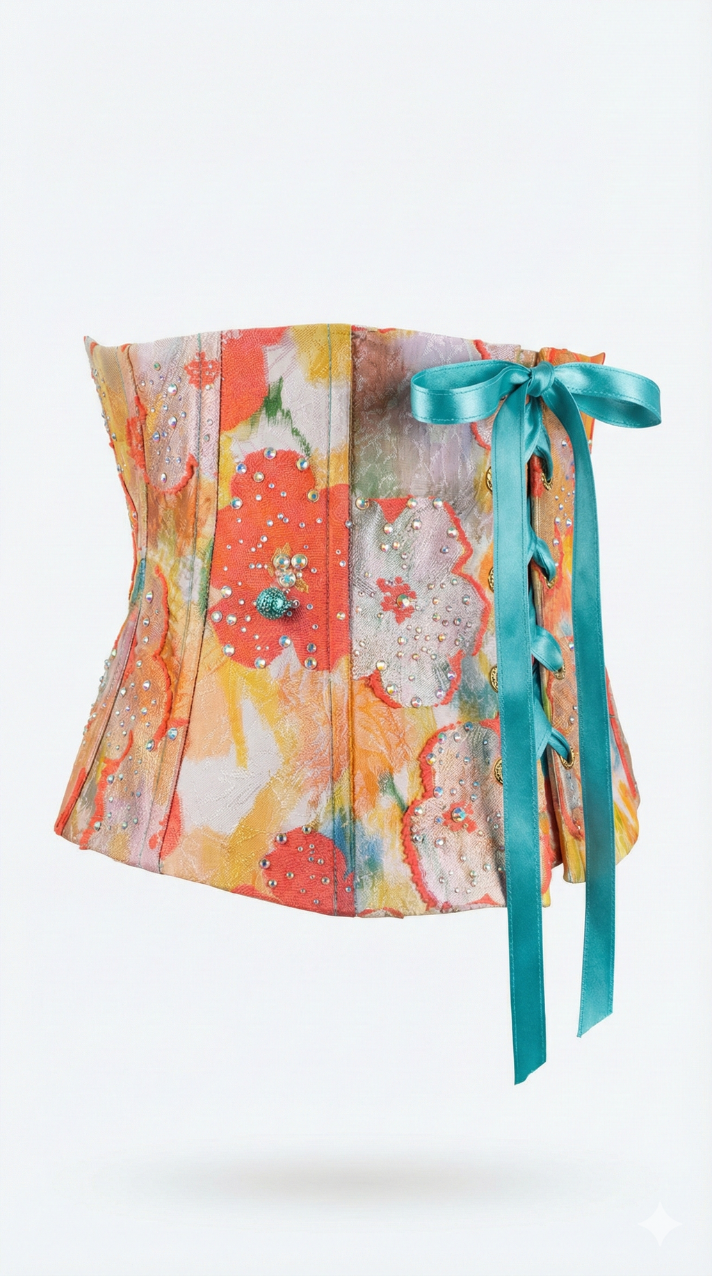 The "Crystal Garden" Floral Jacquard Underbust Corset with Turquoise Front Lacing