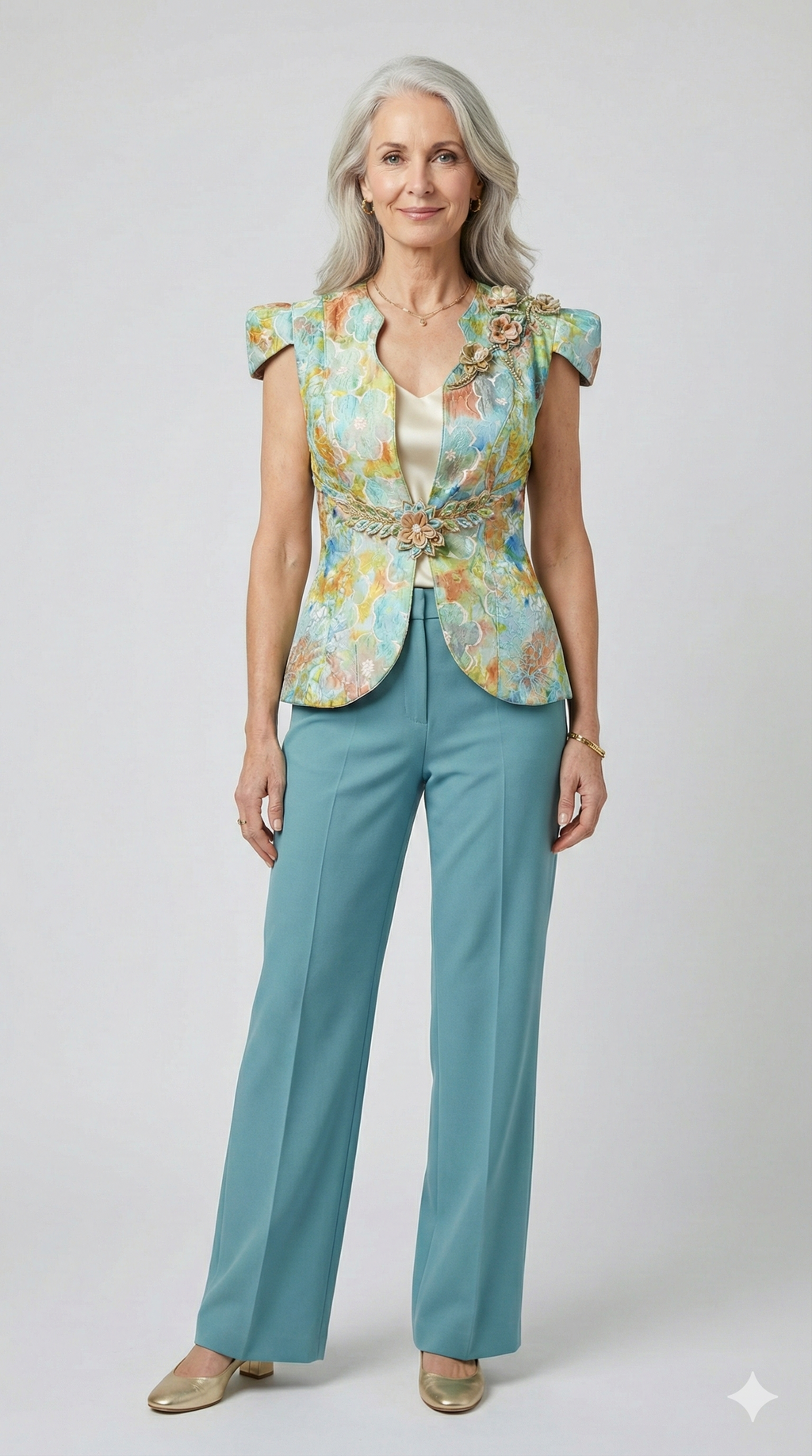 "Watercolor" Floral Brocade Waistcoat with Beaded 3D Appliqués