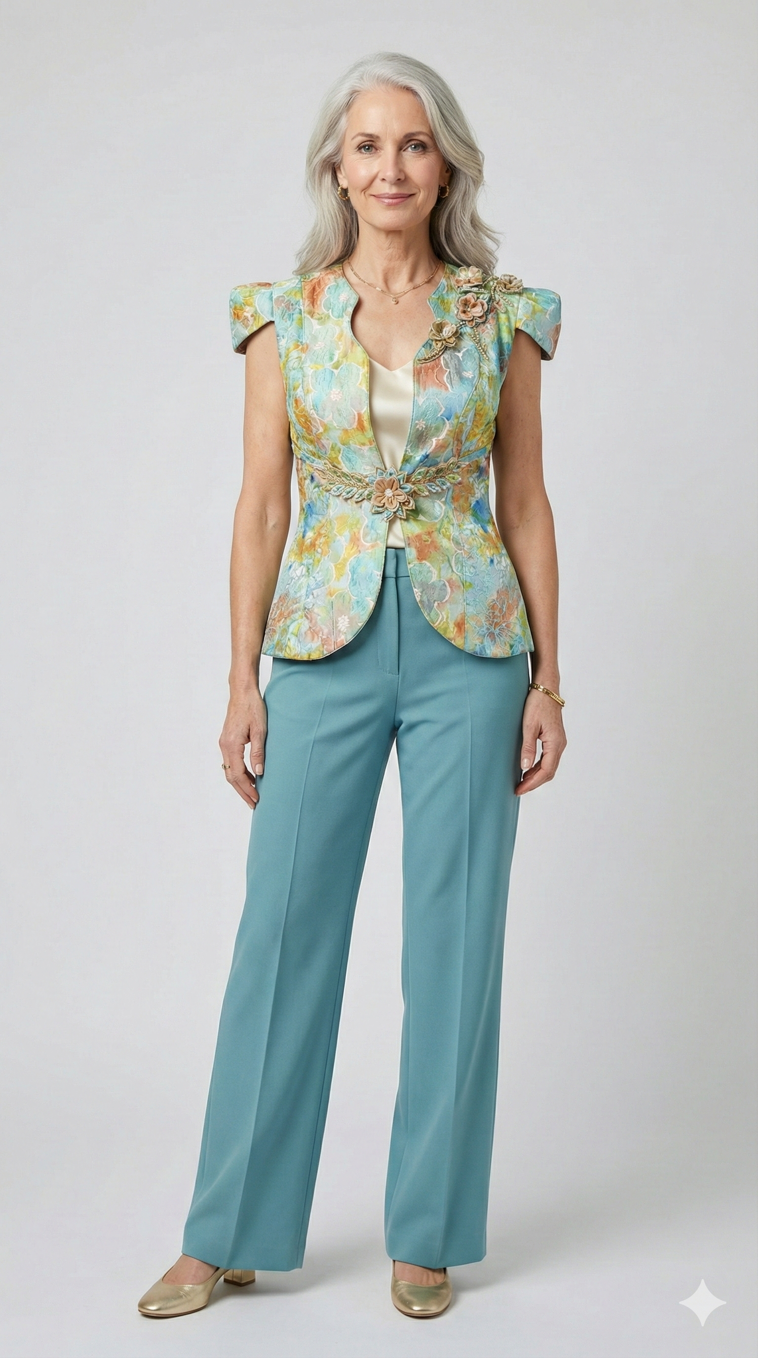 "Watercolor" Floral Brocade Waistcoat with Beaded 3D Appliqués