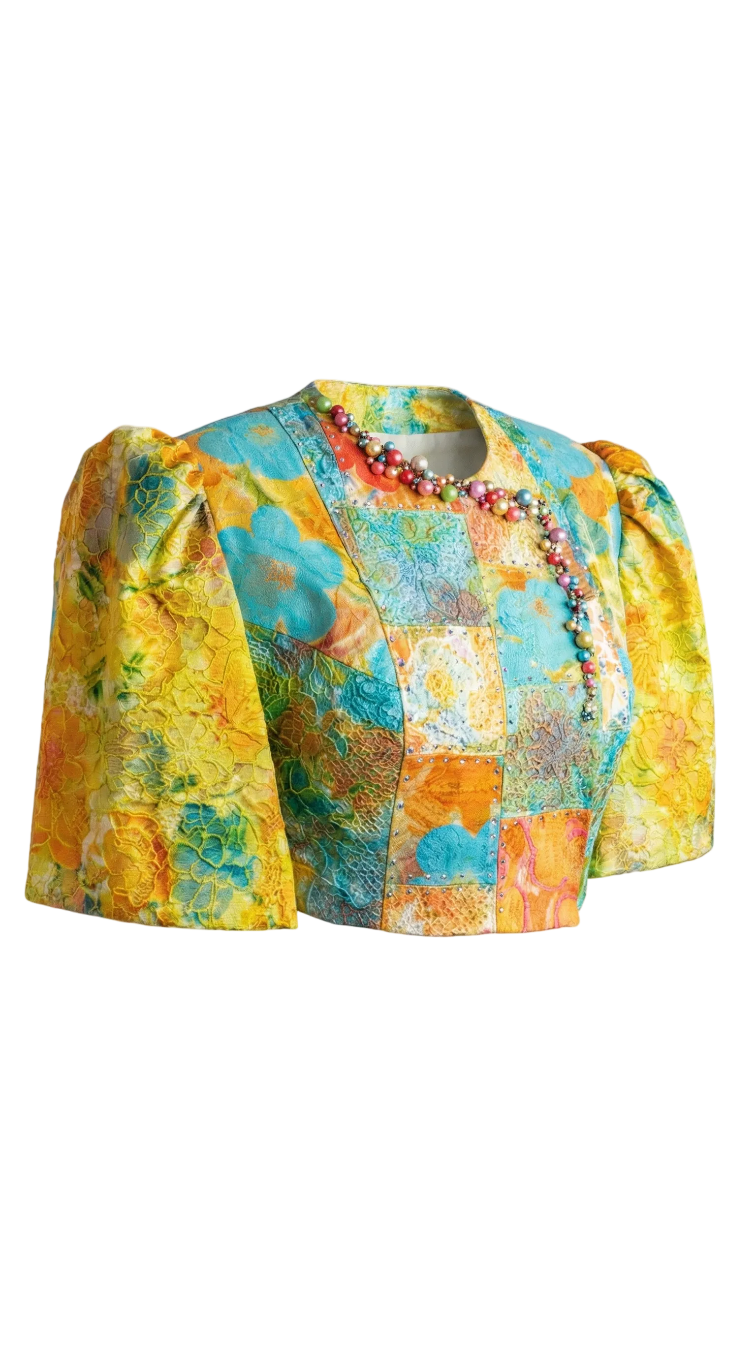 Colorful patchwork jacket on a white background