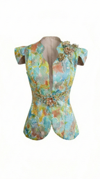 Colorful floral-patterned vest on a mannequin against a white background