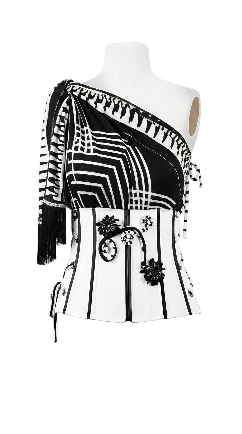 Black and white patterned scarf on a mannequin with a white background
