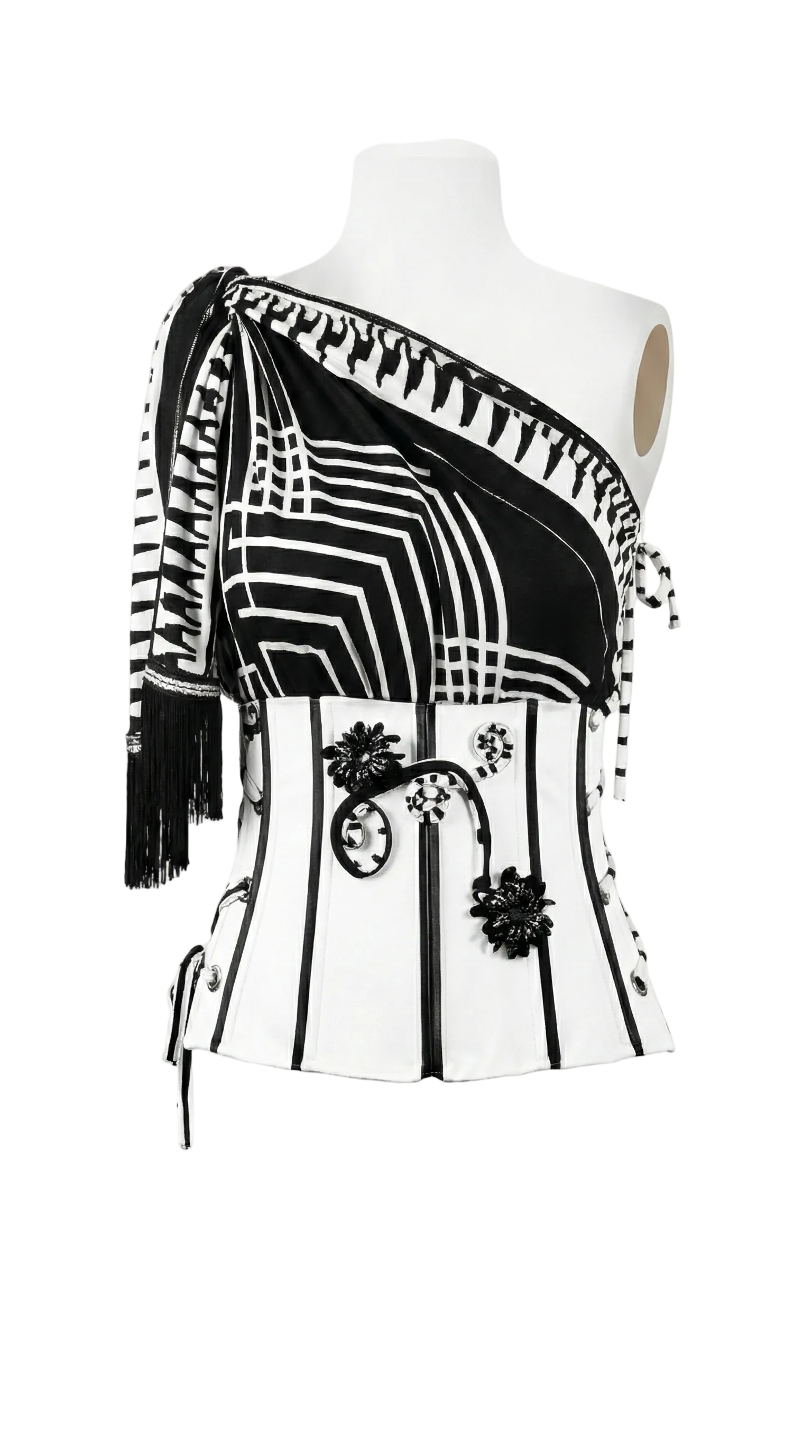 Black and white patterned scarf on a mannequin with a white background