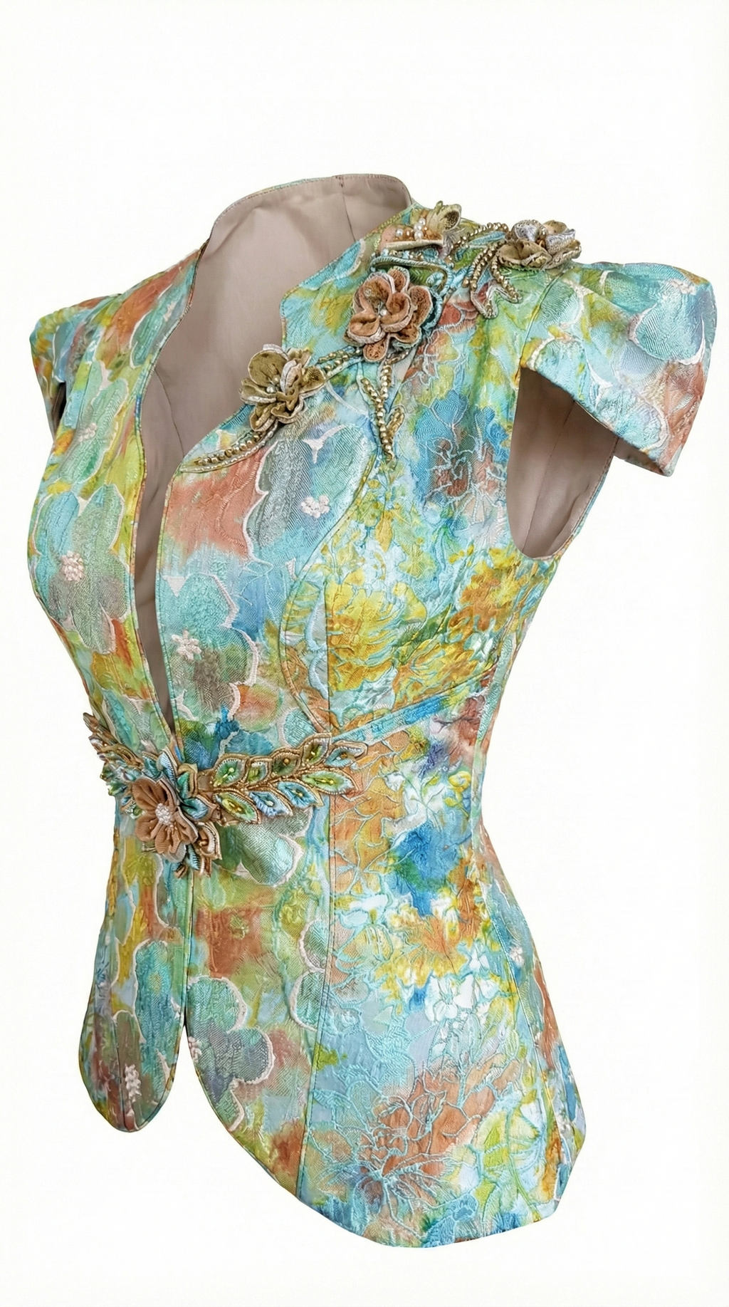 "Watercolor" Floral Brocade Waistcoat with Beaded 3D Appliqués