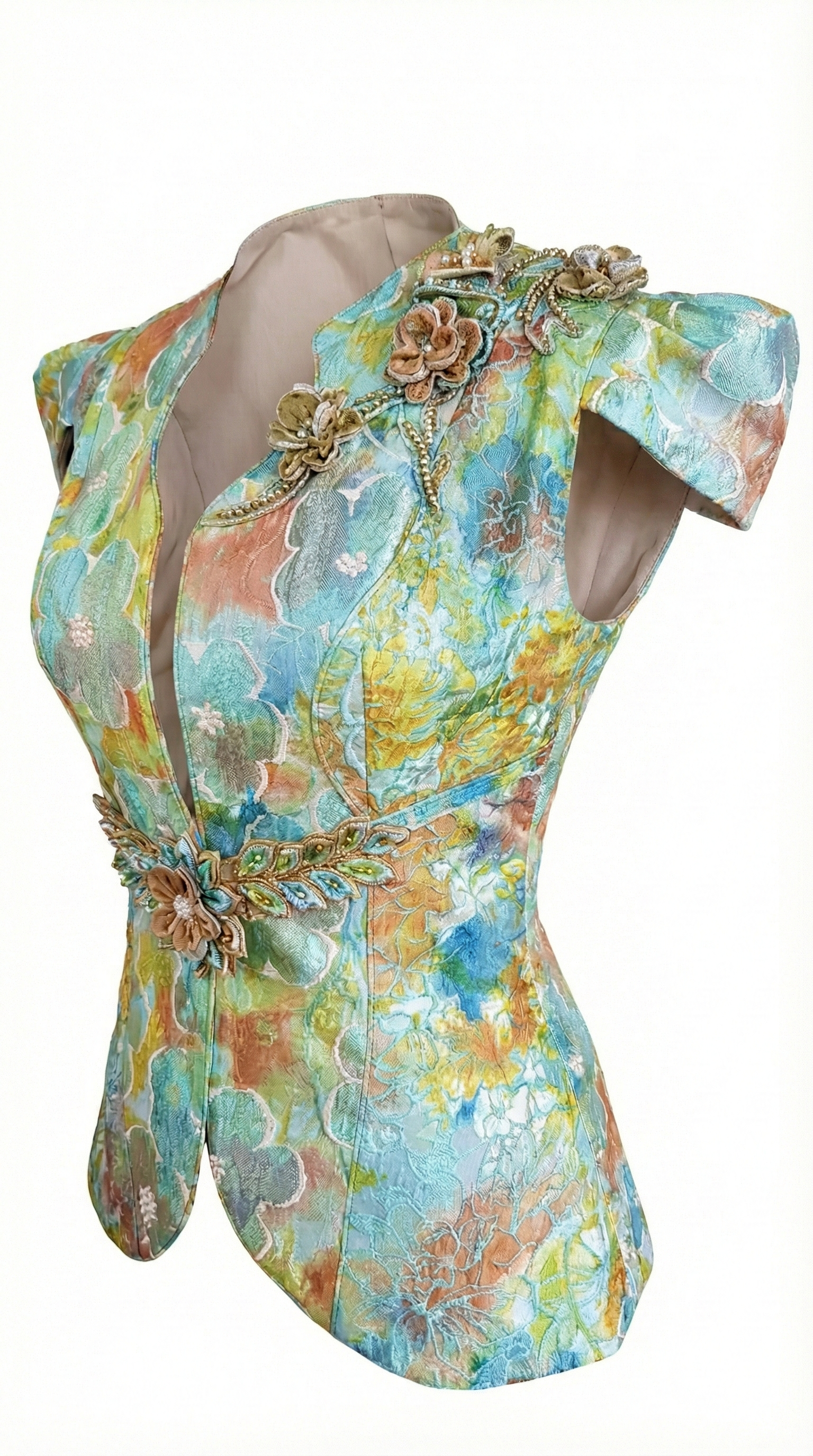 "Watercolor" Floral Brocade Waistcoat with Beaded 3D Appliqués