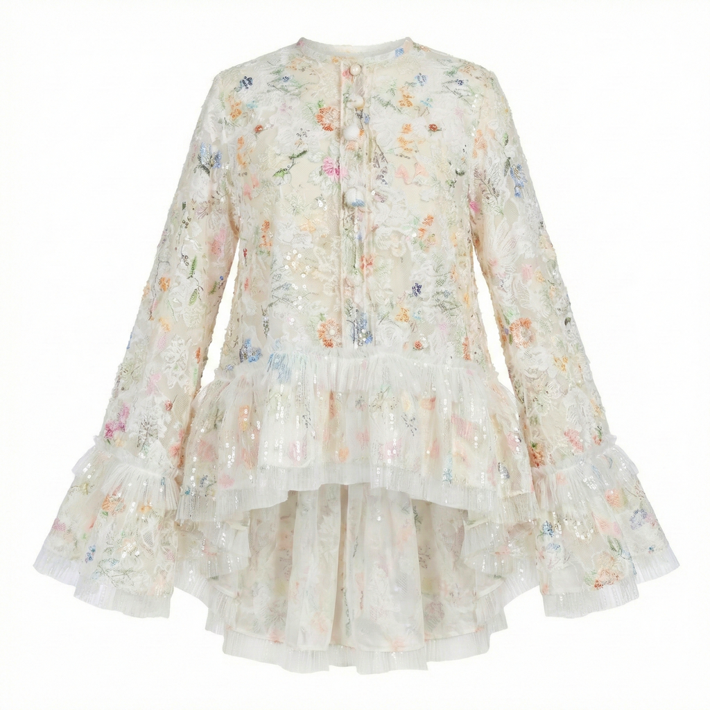 "Jardín Etéreo"  blusa floreada  con  Tul Bordado y Lentejuelas – Edición Limitada