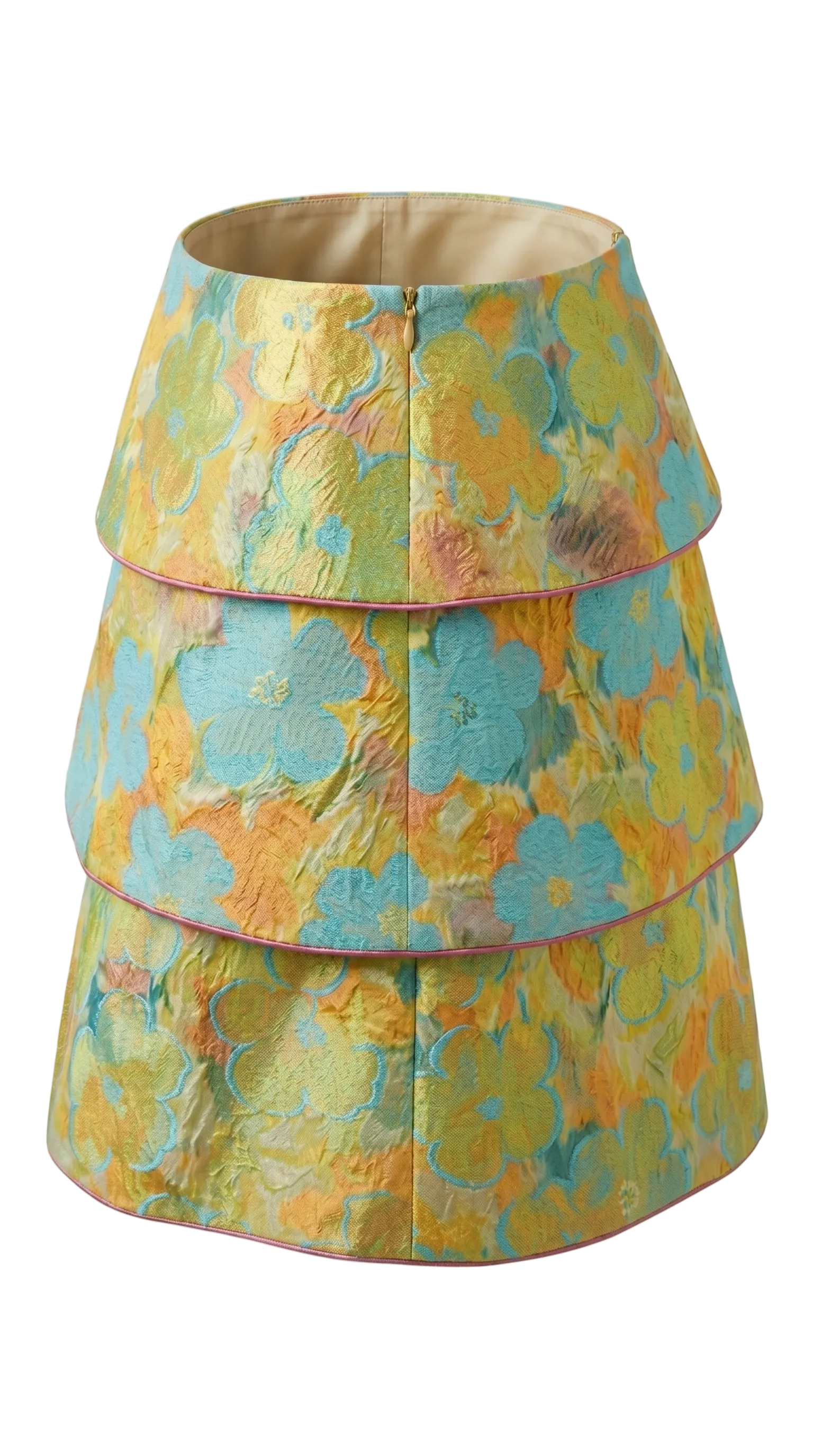 Colorful tiered skirt with abstract pattern on a white background