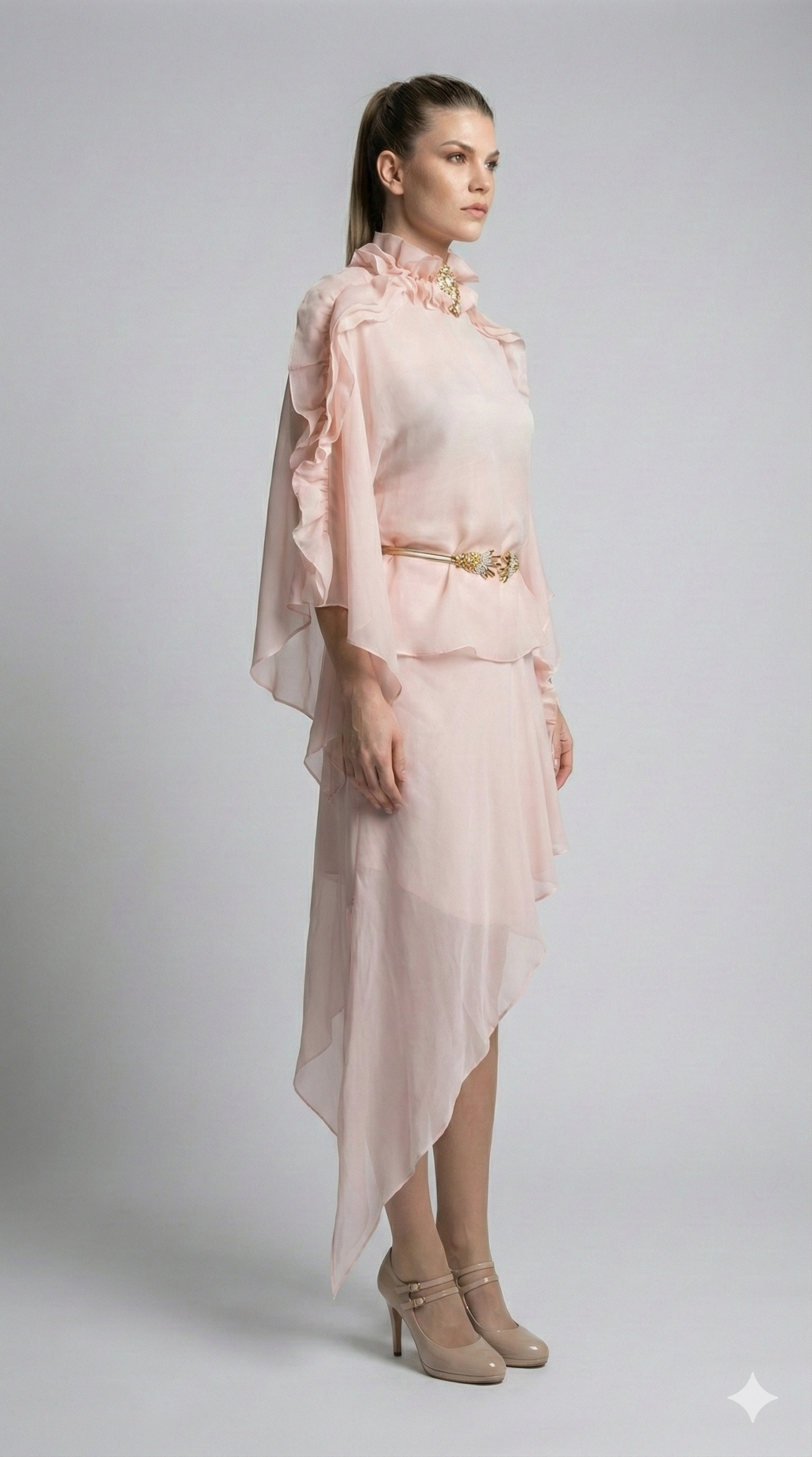 Ethereal Silk Chiffon Ruffle Blouse with Jeweled Brooch& asymetric skirt