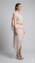Ethereal Silk Chiffon Ruffle Blouse with Jeweled Brooch& asymetric skirt