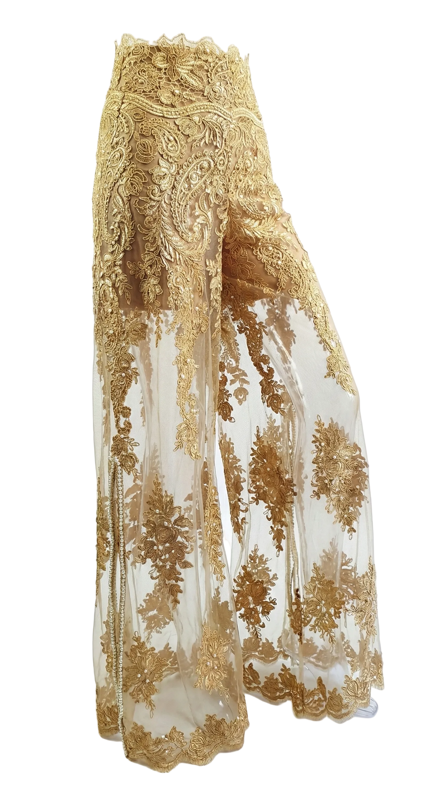 Gold embroidered pants on a white background
