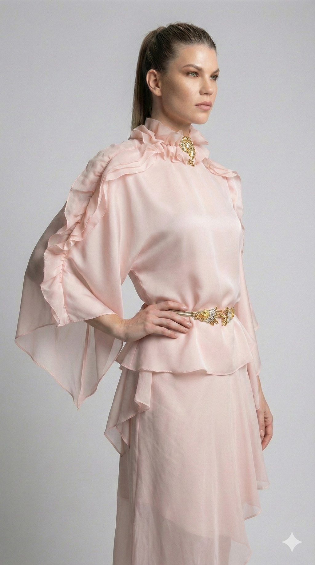 Ethereal Silk Chiffon Ruffle Blouse with Jeweled Brooch& asymetric skirt