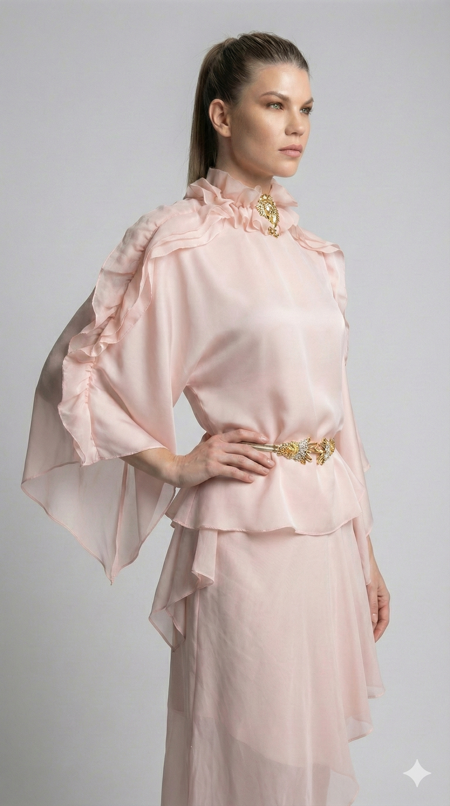 Ethereal Silk Chiffon Ruffle Blouse with Jeweled Brooch& asymetric skirt
