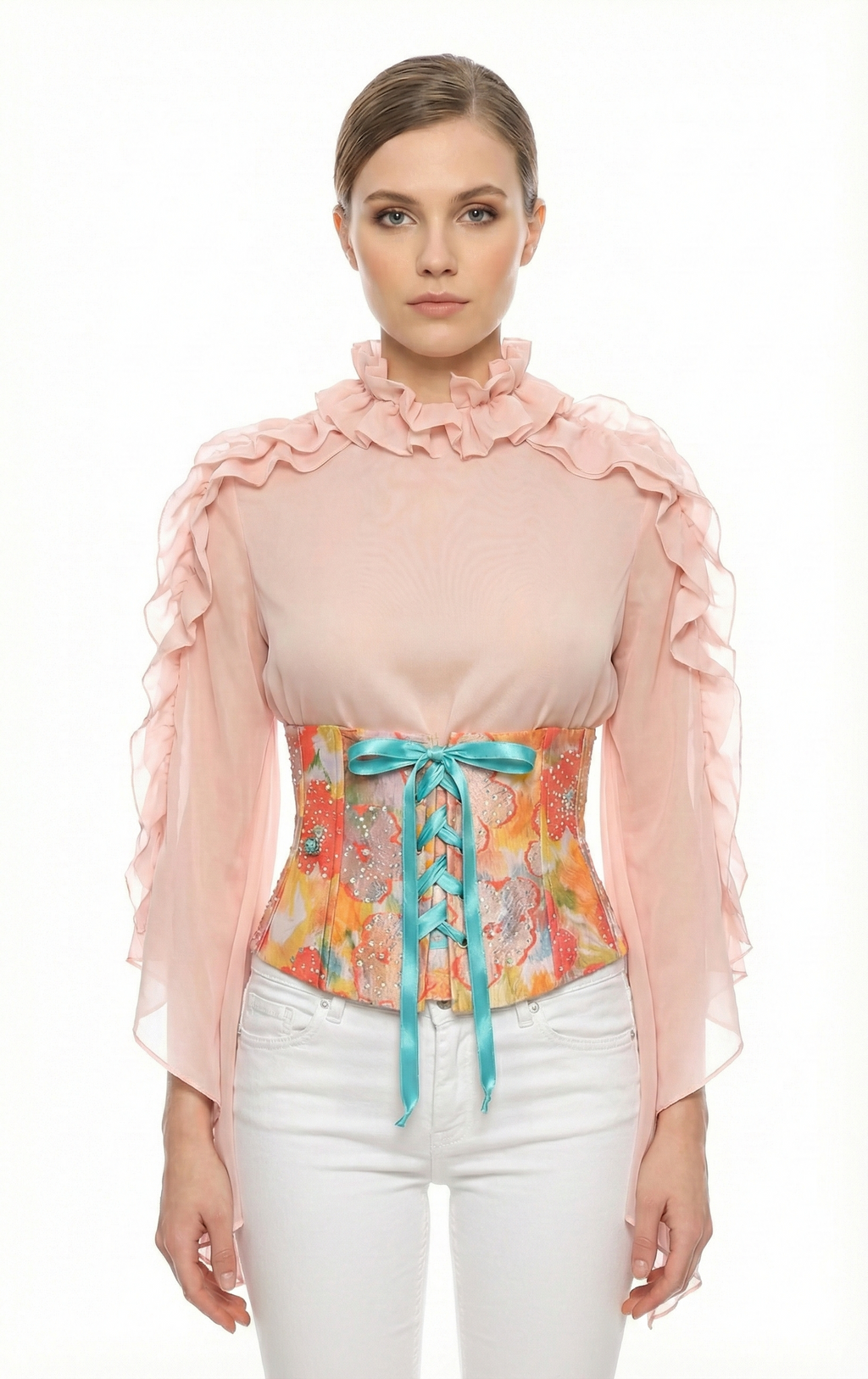 The "Crystal Garden" Floral Jacquard Underbust Corset with Turquoise Front Lacing