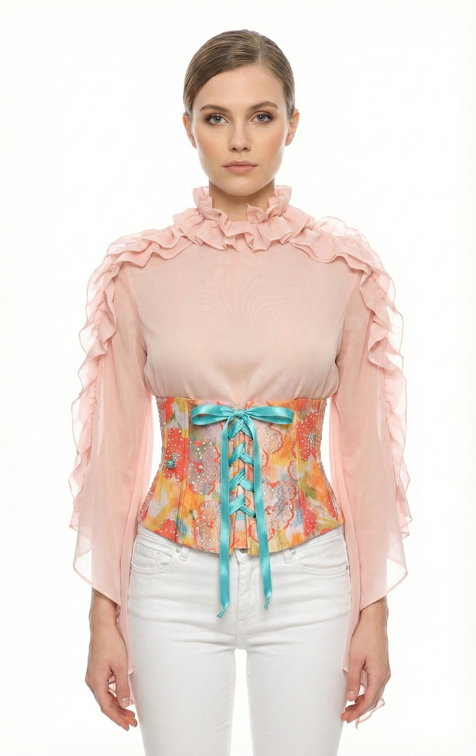 The "Crystal Garden" Floral Jacquard Underbust Corset with Turquoise Front Lacing