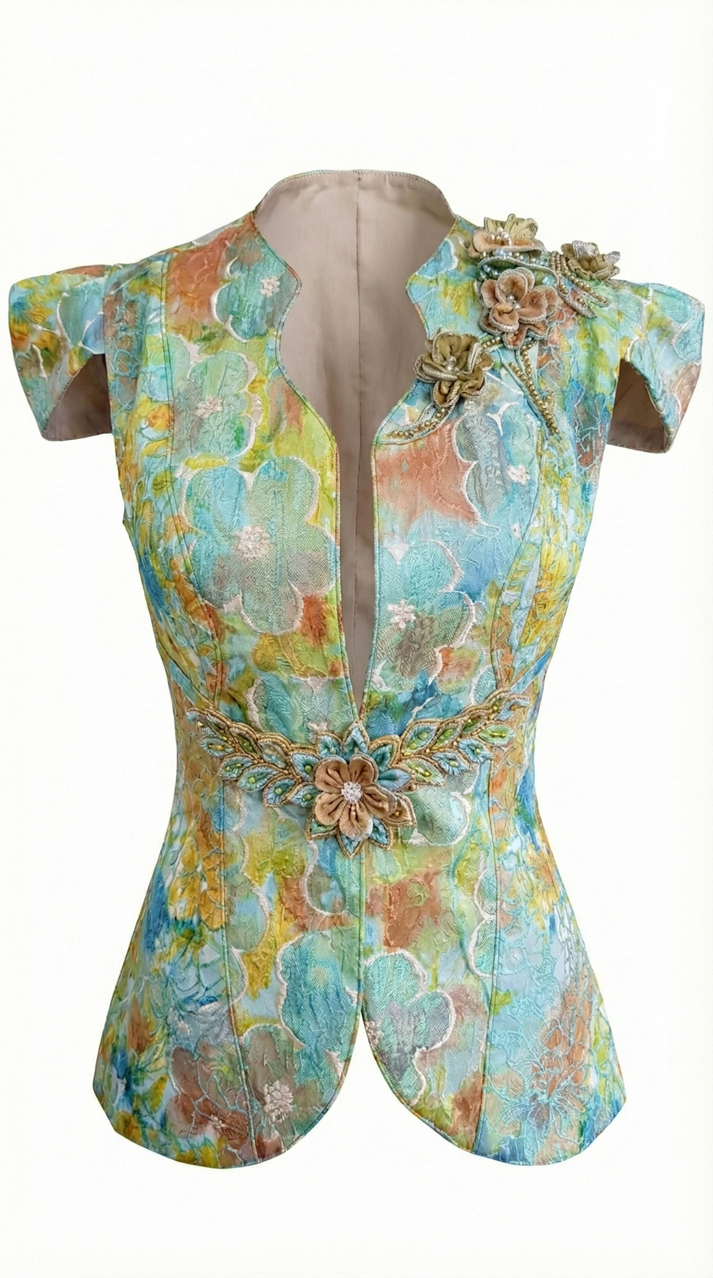 "Watercolor" Floral Brocade Waistcoat with Beaded 3D Appliqués