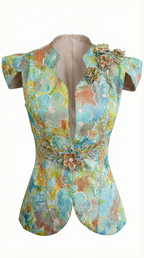 "Watercolor" Floral Brocade Waistcoat with Beaded 3D Appliqués