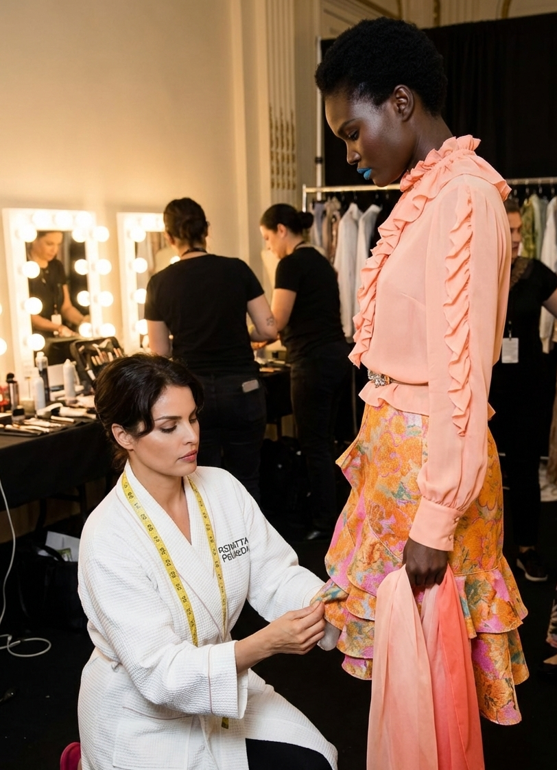 Designer adjusting a model's dress in a fashion studio setting