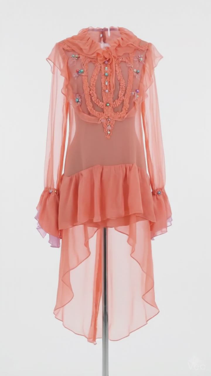 Title: "Coral Dream" Asymmetric Silk Chiffon Blouse
