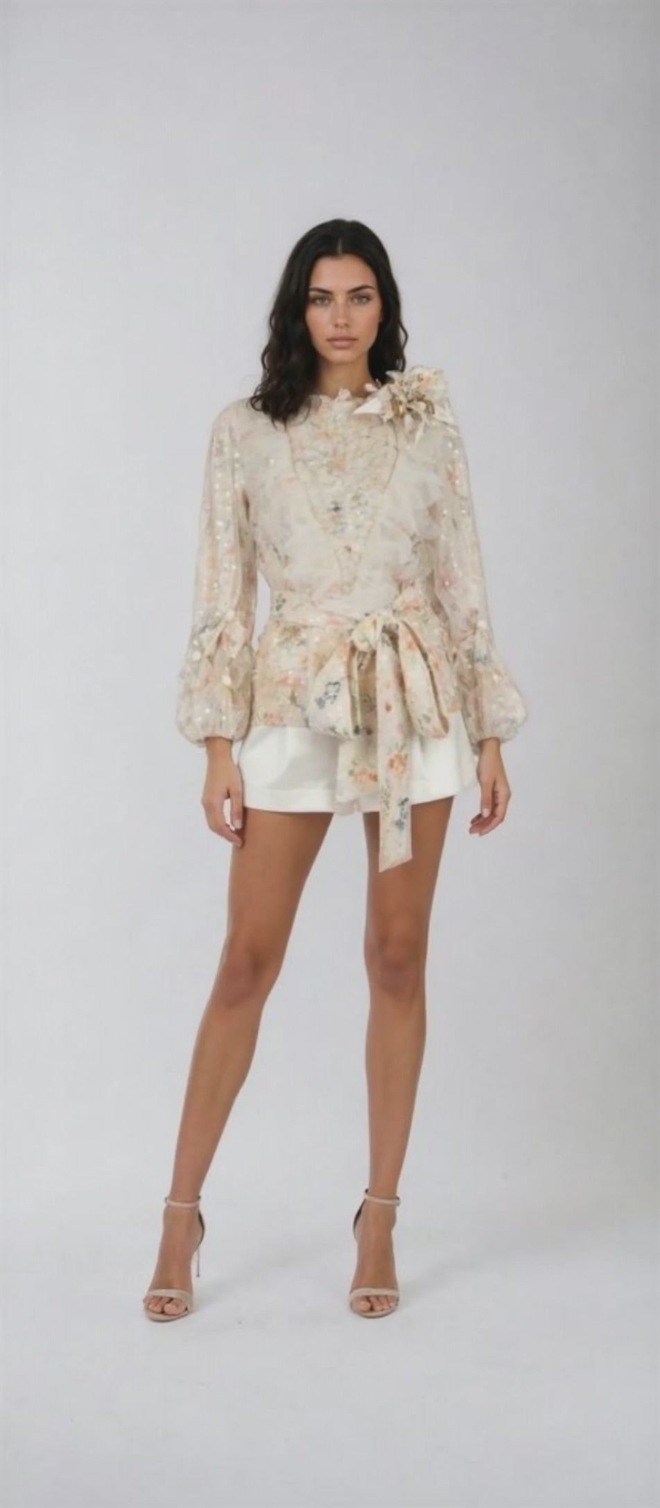 "Ethereal Garden" Sequin Floral Blouse with Tulle Appliqués