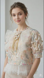 "Dream Garden" Blouse: Embroidered Tulle with Maxi Bow & 3D Accents
