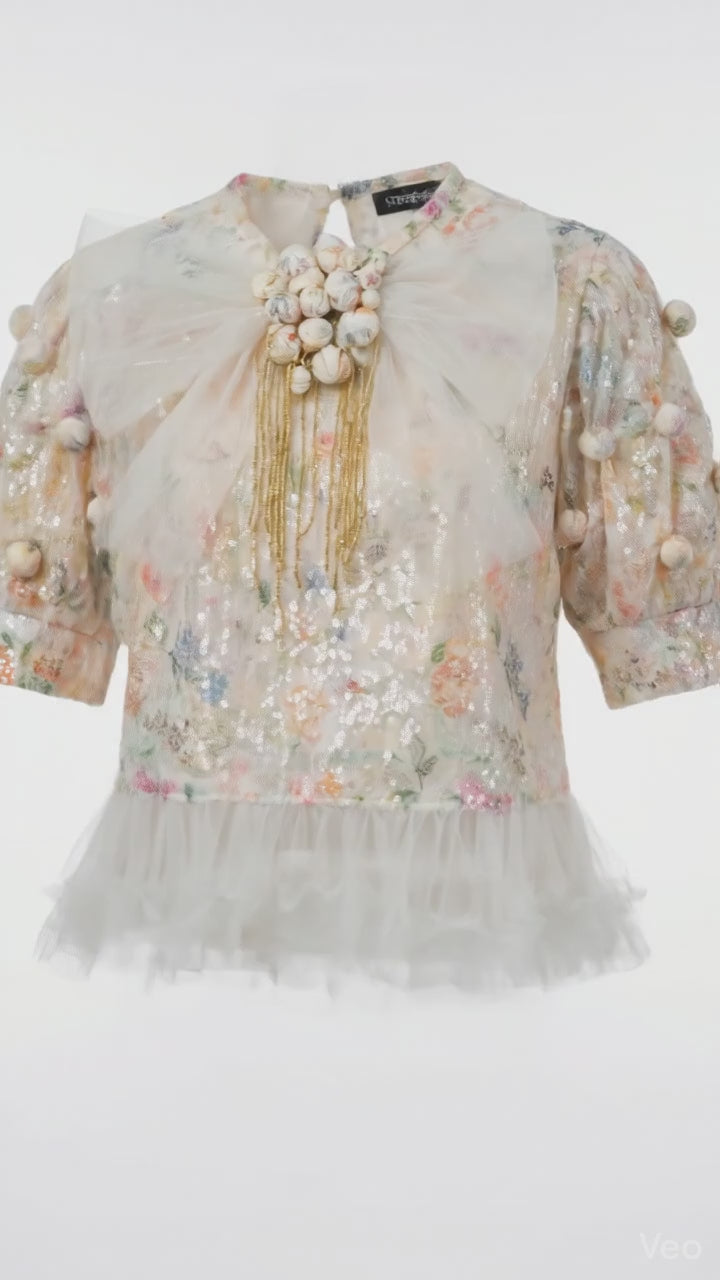 "Dream Garden" Blouse: Embroidered Tulle with Maxi Bow & 3D Accents